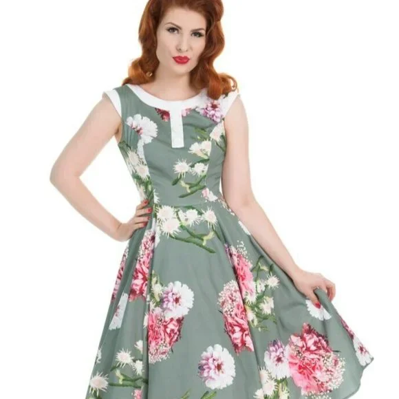 HEARTS & ROSES Floral Hepburn Dress Fit Flare 50s Fifties Wedding Party UK 10 - Picture 1 of 9